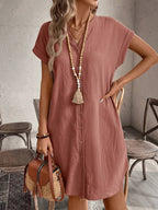 EMERY ROSE Solid Notched Button Front Batwing Sleeve Shirt Dress,Summer Dresses For Women