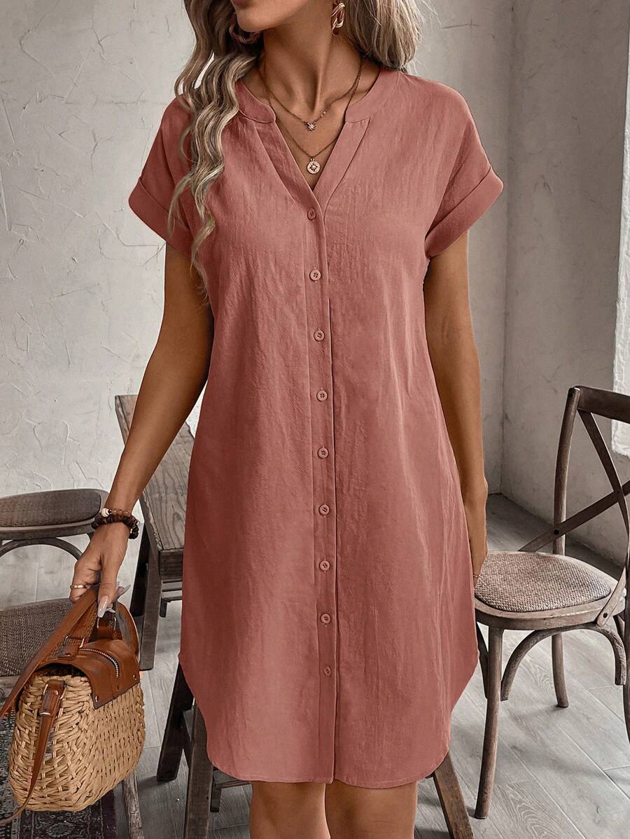 EMERY ROSE Solid Notched Button Front Batwing Sleeve Shirt Dress,Summer Dresses For Women