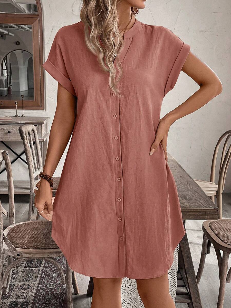 EMERY ROSE Solid Notched Button Front Batwing Sleeve Shirt Dress,Summer Dresses For Women