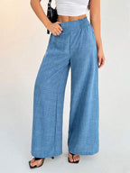 SHEIN PETITE Women's Casual Vacation Waistband Blue Wide Leg Pants Work Pants