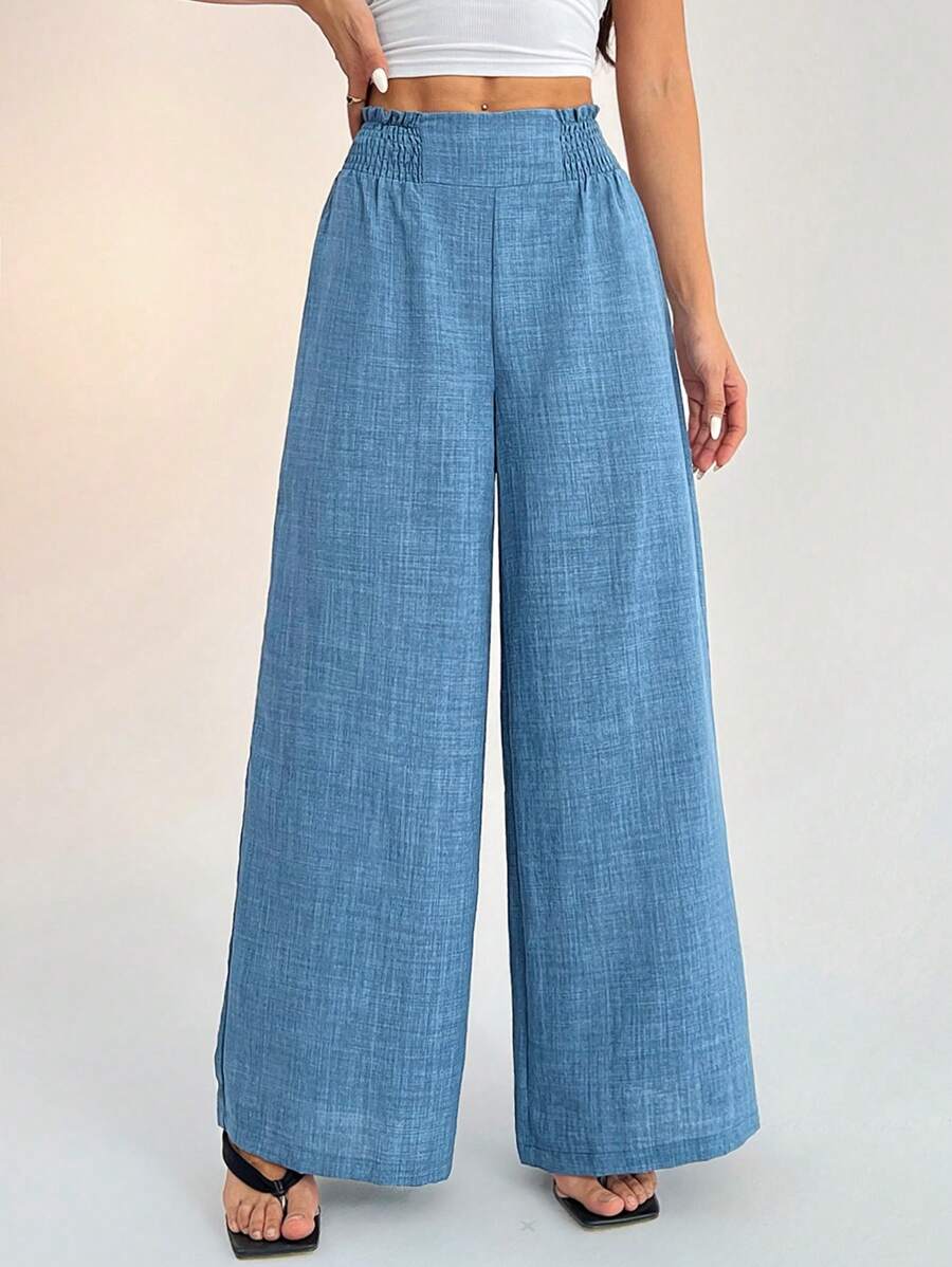 SHEIN PETITE Women's Casual Vacation Waistband Blue Wide Leg Pants Work Pants