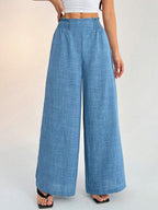 SHEIN PETITE Women's Casual Vacation Waistband Blue Wide Leg Pants Work Pants