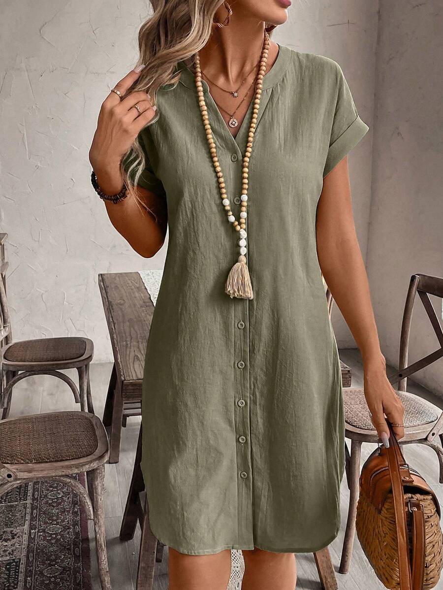 EMERY ROSE Solid Notched Button Front Batwing Sleeve Shirt Dress,Summer Dresses For Women