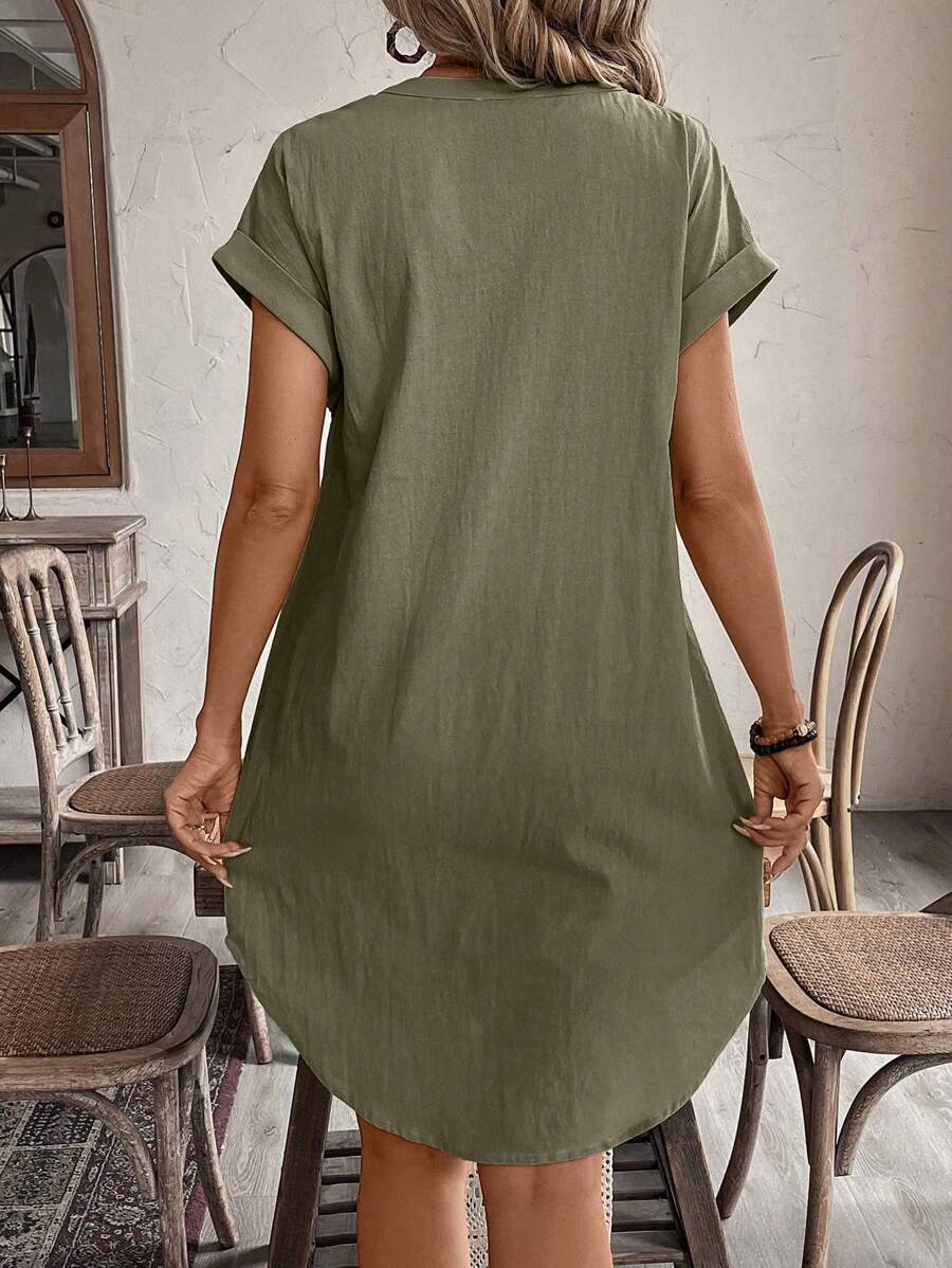 EMERY ROSE Solid Notched Button Front Batwing Sleeve Shirt Dress,Summer Dresses For Women