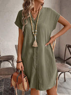 EMERY ROSE Solid Notched Button Front Batwing Sleeve Shirt Dress,Summer Dresses For Women