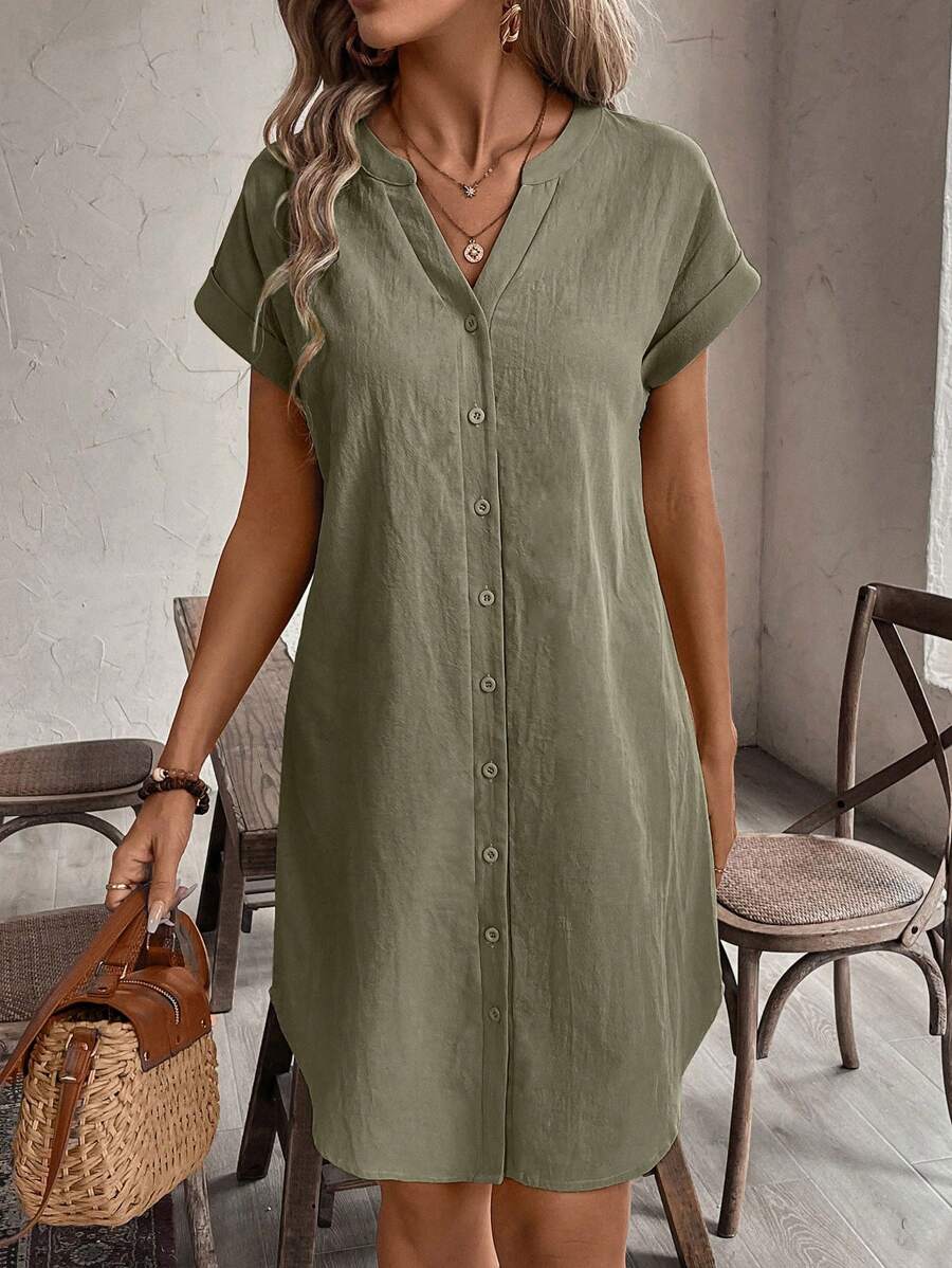 EMERY ROSE Solid Notched Button Front Batwing Sleeve Shirt Dress,Summer Dresses For Women