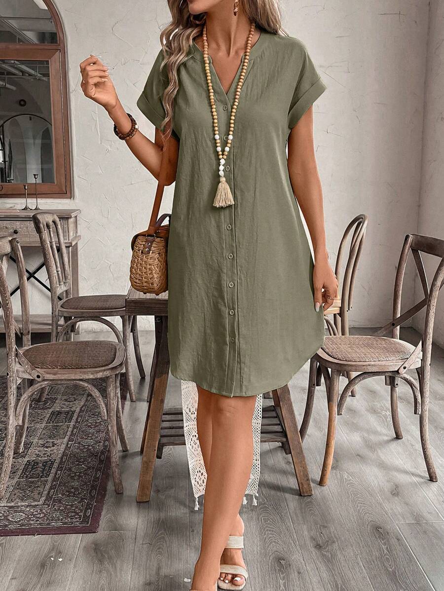 EMERY ROSE Solid Notched Button Front Batwing Sleeve Shirt Dress,Summer Dresses For Women