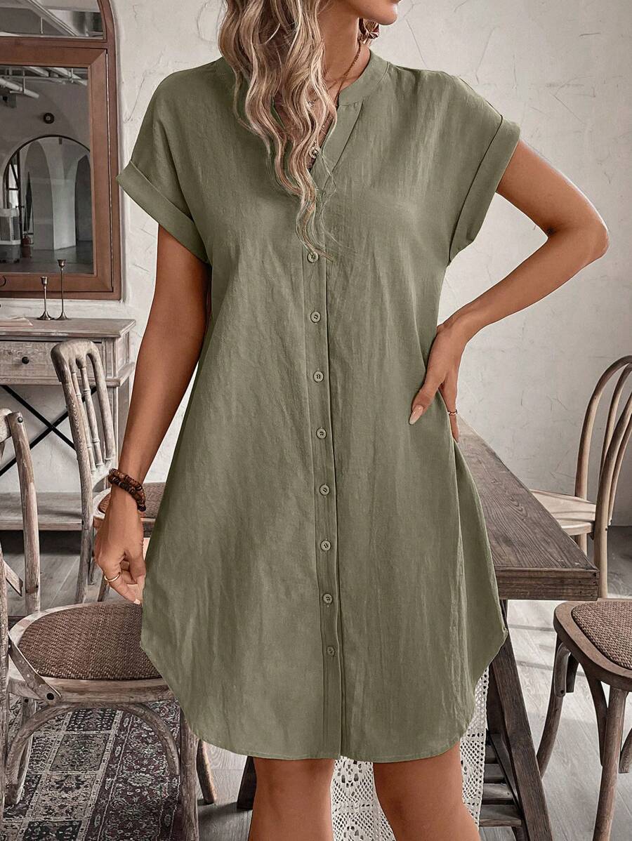 EMERY ROSE Solid Notched Button Front Batwing Sleeve Shirt Dress,Summer Dresses For Women