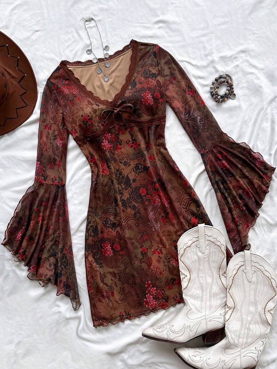 Soleia Vintage Print Butterfly Pattern V-Neck Long Sleeve Asymmetrical Hem Mini Dress, Fashion Fringe Trim Knit Net Fabric Print Dress For Festival,Party & Afternoon Tea