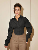 Women Solid Color Long Sleeve Fitted Elegant Blouse, Casual Cardigan Shirt Top, Spring/Autumn Daily Wear