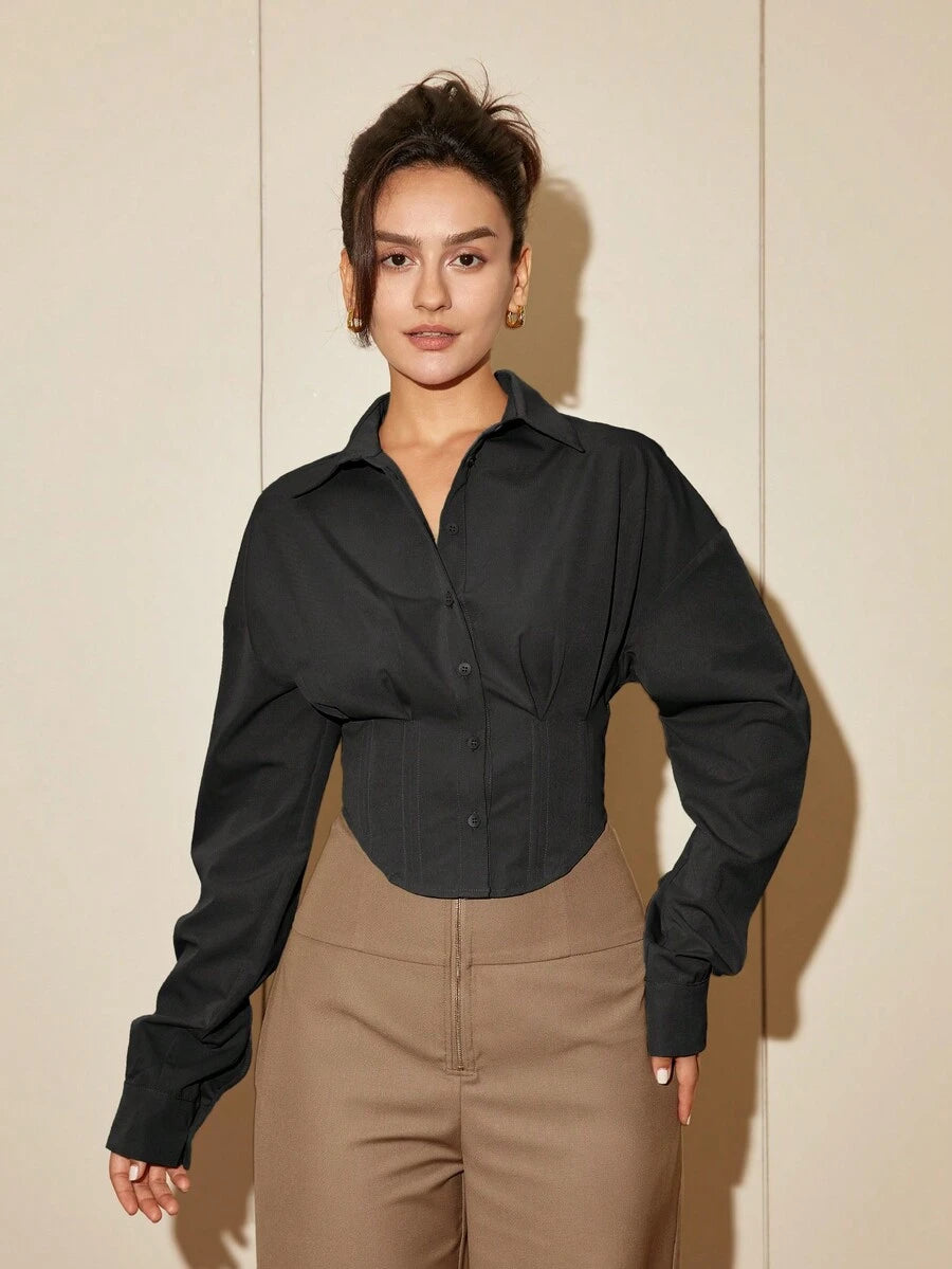 Women Solid Color Long Sleeve Fitted Elegant Blouse, Casual Cardigan Shirt Top, Spring/Autumn Daily Wear