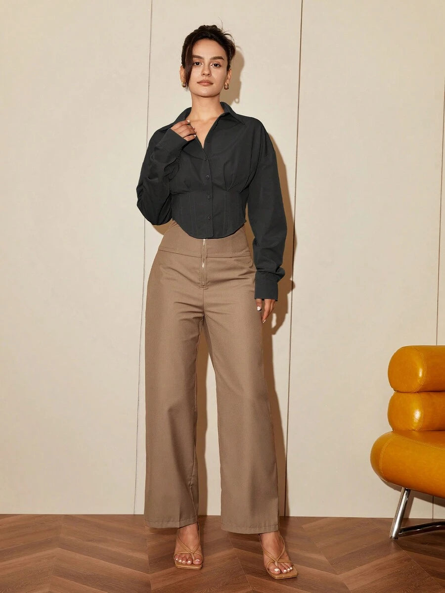 Women Solid Color Long Sleeve Fitted Elegant Blouse, Casual Cardigan Shirt Top, Spring/Autumn Daily Wear