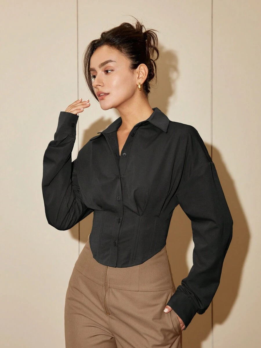 Women Solid Color Long Sleeve Fitted Elegant Blouse, Casual Cardigan Shirt Top, Spring/Autumn Daily Wear