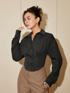 Women Solid Color Long Sleeve Fitted Elegant Blouse, Casual Cardigan Shirt Top, Spring/Autumn Daily Wear