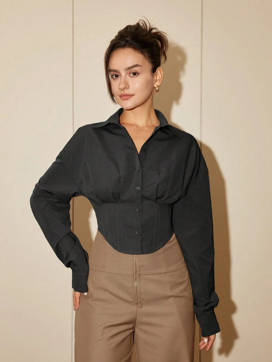 Women Solid Color Long Sleeve Fitted Elegant Blouse, Casual Cardigan Shirt Top, Spring/Autumn Daily Wear