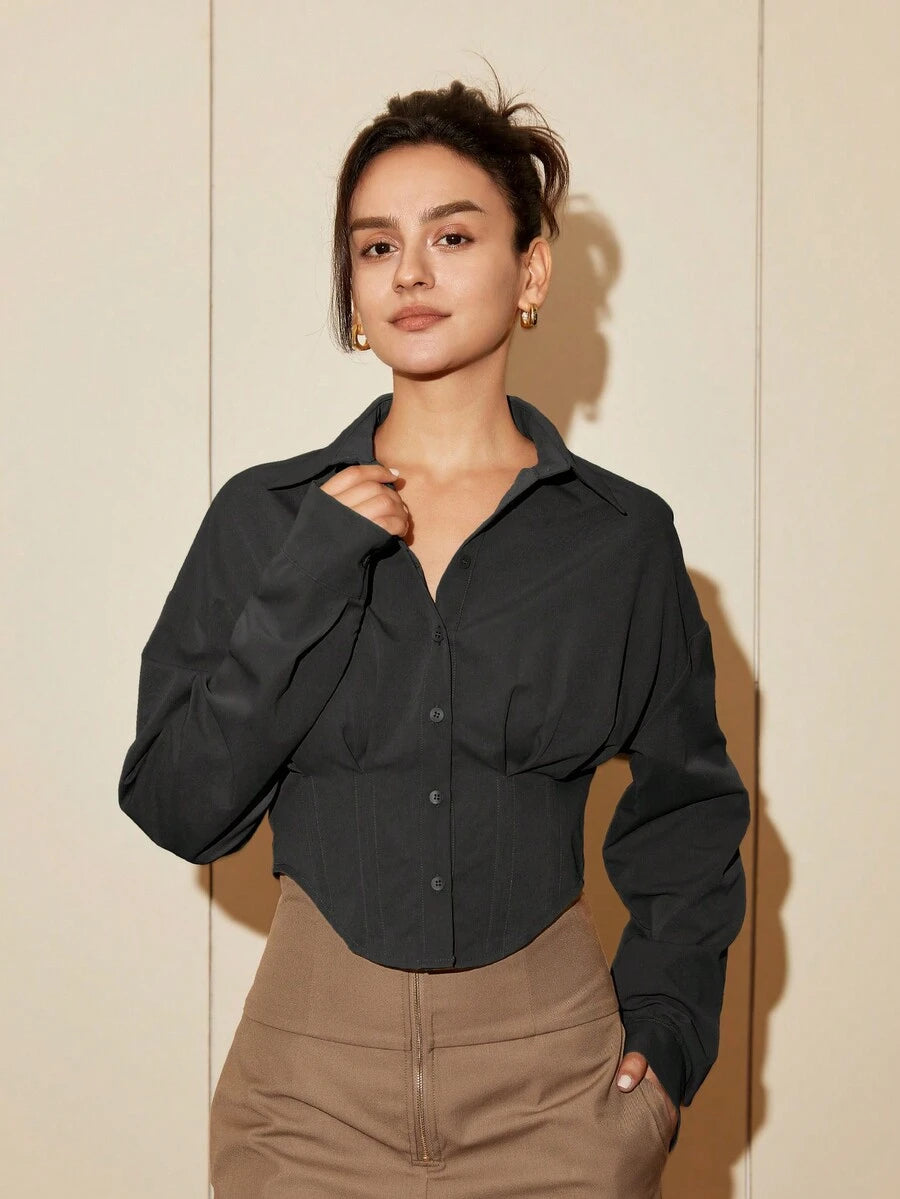 Women Solid Color Long Sleeve Fitted Elegant Blouse, Casual Cardigan Shirt Top, Spring/Autumn Daily Wear