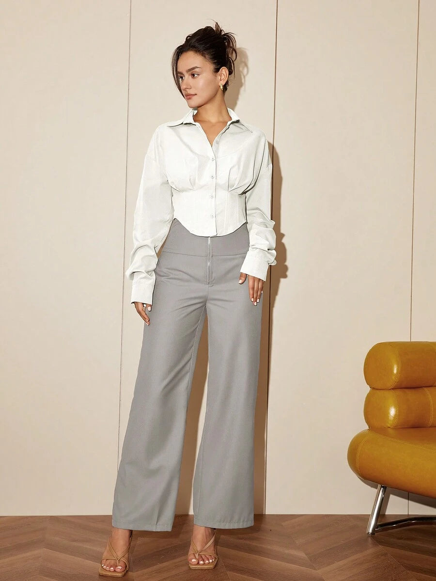 Women Solid Color Long Sleeve Fitted Elegant Blouse, Casual Cardigan Shirt Top, Spring/Autumn Daily Wear
