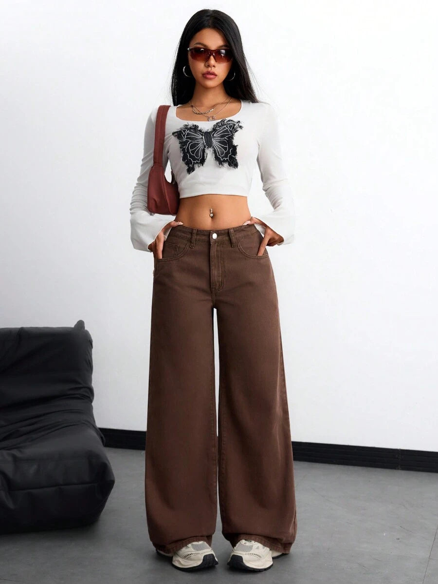 SHEIN ICON Women's Loose Fit Wide Leg Pockets Casual Versatile Jeans Pants