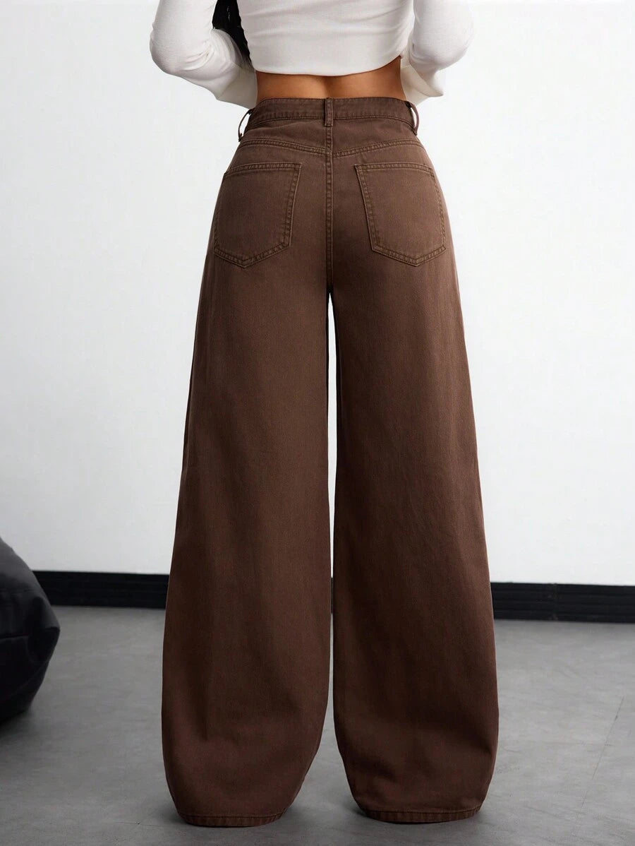 SHEIN ICON Women's Loose Fit Wide Leg Pockets Casual Versatile Jeans Pants
