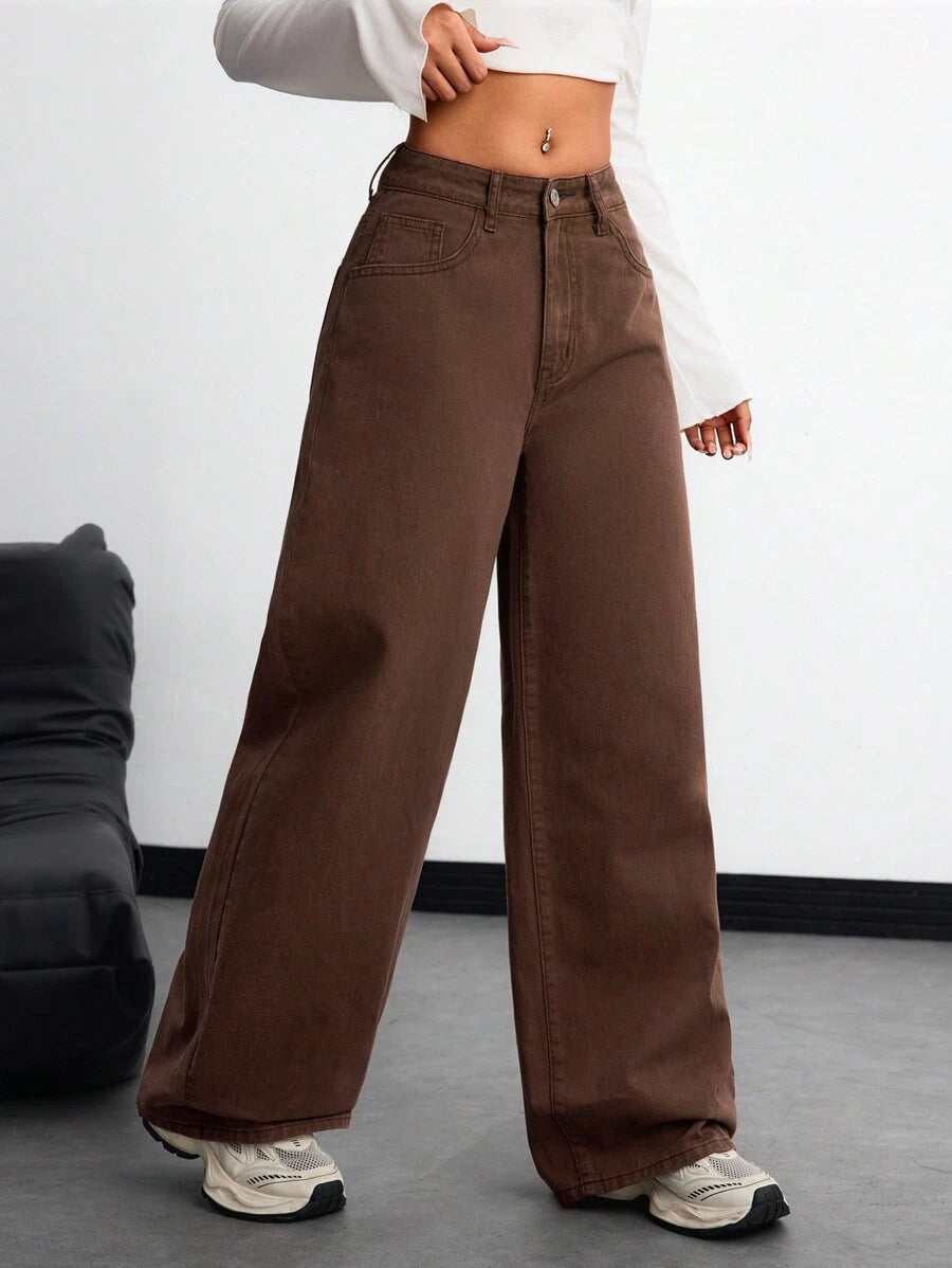SHEIN ICON Women's Loose Fit Wide Leg Pockets Casual Versatile Jeans Pants