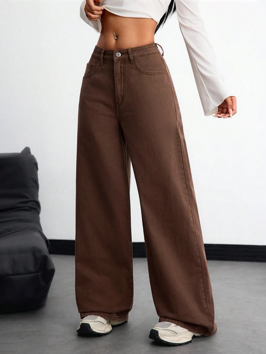 SHEIN ICON Women's Loose Fit Wide Leg Pockets Casual Versatile Jeans Pants