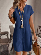 EMERY ROSE Solid Notched Button Front Batwing Sleeve Shirt Dress,Summer Dresses For Women