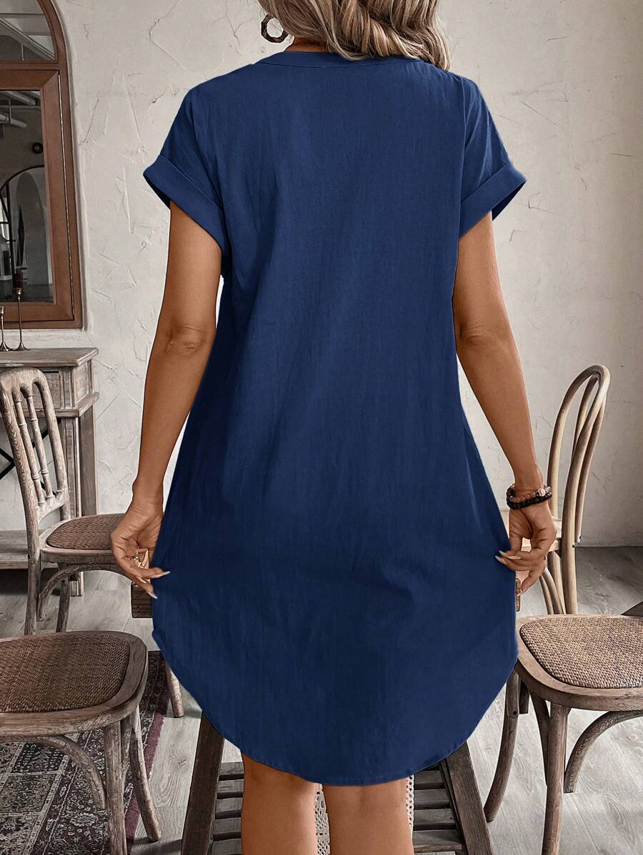 EMERY ROSE Solid Notched Button Front Batwing Sleeve Shirt Dress,Summer Dresses For Women