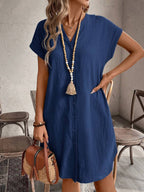EMERY ROSE Solid Notched Button Front Batwing Sleeve Shirt Dress,Summer Dresses For Women