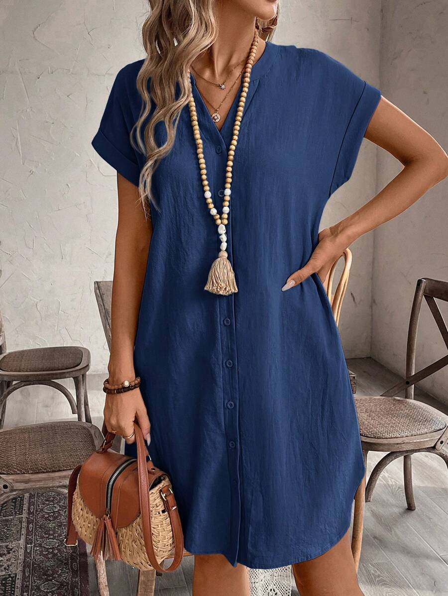 EMERY ROSE Solid Notched Button Front Batwing Sleeve Shirt Dress,Summer Dresses For Women