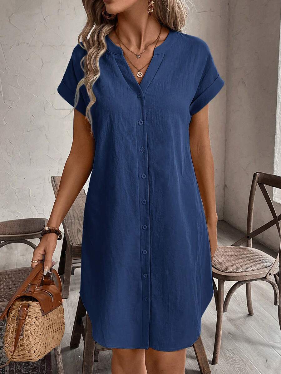EMERY ROSE Solid Notched Button Front Batwing Sleeve Shirt Dress,Summer Dresses For Women