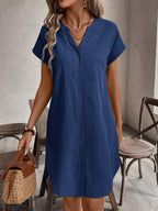 EMERY ROSE Solid Notched Button Front Batwing Sleeve Shirt Dress,Summer Dresses For Women