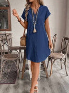 EMERY ROSE Solid Notched Button Front Batwing Sleeve Shirt Dress,Summer Dresses For Women