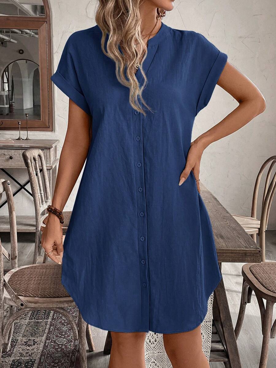 EMERY ROSE Solid Notched Button Front Batwing Sleeve Shirt Dress,Summer Dresses For Women