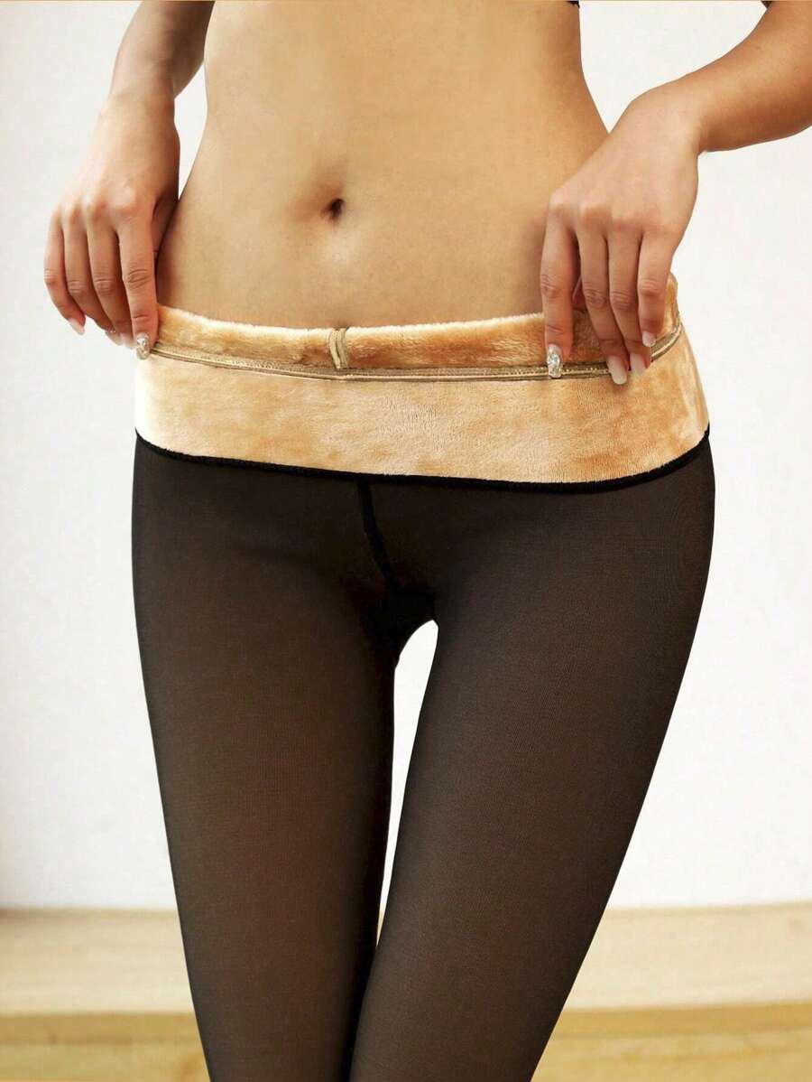 1pc Women's Sexy Semi-Sheer Tights, Thick Warm Lining, High Waist Elastic Skinny Pants, 220g, Comfortable