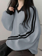 DAZY Women's Contrast Color Block Striped Long Sleeve Casual Letter Print Sweatshirt, Collegiate Style,Long Sleeve Tops,Fall Clothes