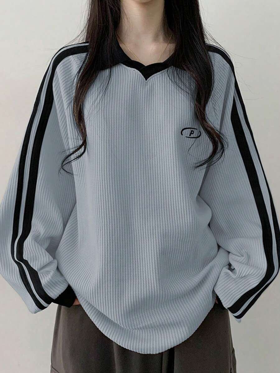 DAZY Women's Contrast Color Block Striped Long Sleeve Casual Letter Print Sweatshirt, Collegiate Style,Long Sleeve Tops,Fall Clothes