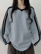 DAZY Women's Contrast Color Block Striped Long Sleeve Casual Letter Print Sweatshirt, Collegiate Style,Long Sleeve Tops,Fall Clothes