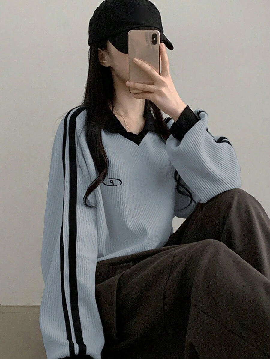 DAZY Women's Contrast Color Block Striped Long Sleeve Casual Letter Print Sweatshirt, Collegiate Style,Long Sleeve Tops,Fall Clothes