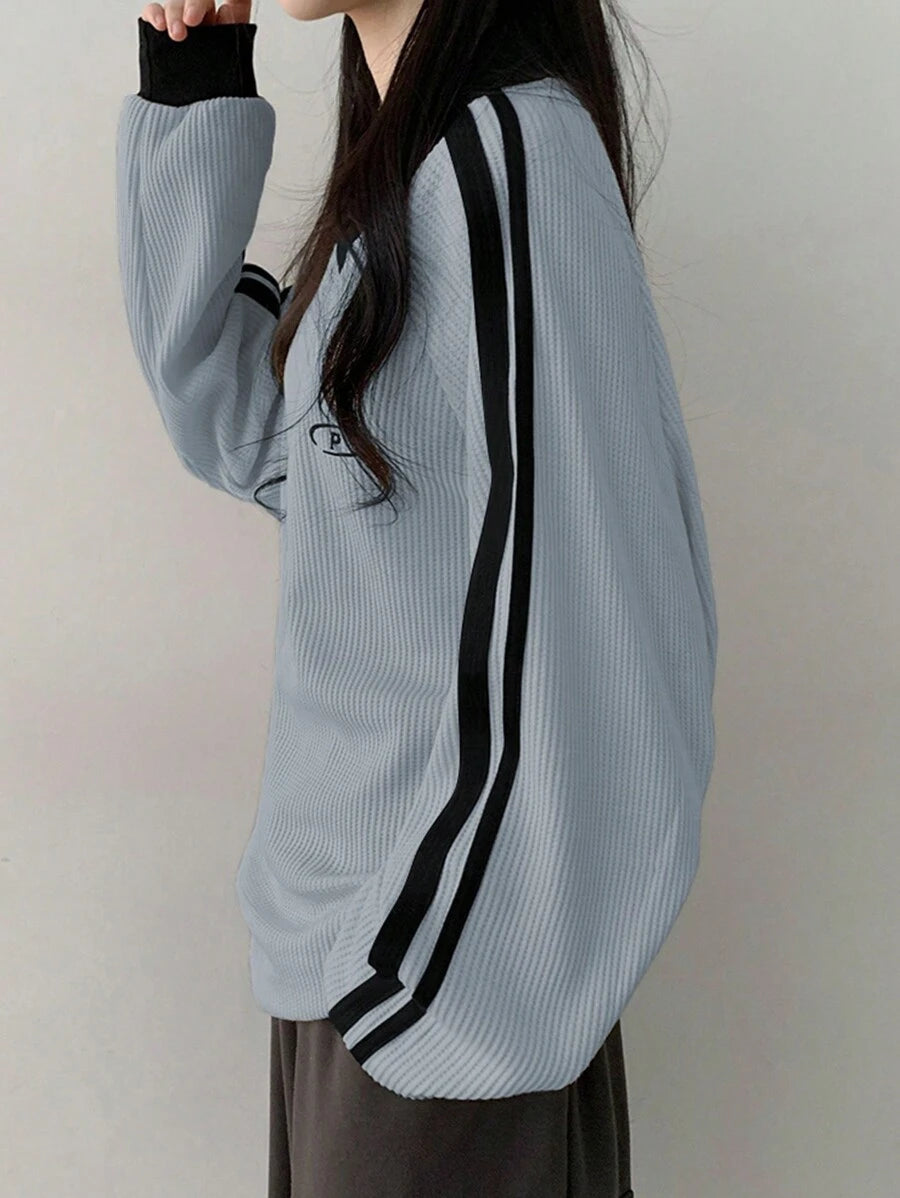 DAZY Women's Contrast Color Block Striped Long Sleeve Casual Letter Print Sweatshirt, Collegiate Style,Long Sleeve Tops,Fall Clothes