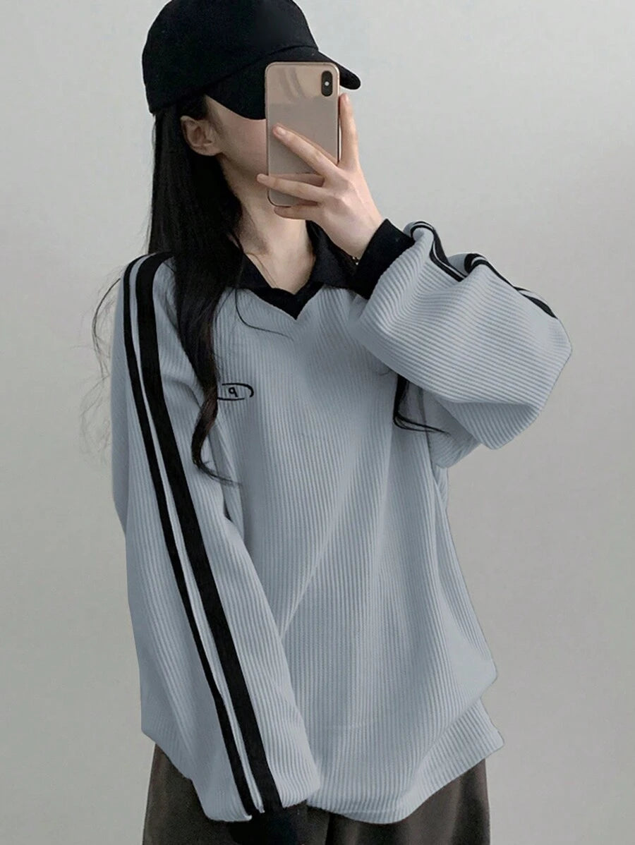 DAZY Women's Contrast Color Block Striped Long Sleeve Casual Letter Print Sweatshirt, Collegiate Style,Long Sleeve Tops,Fall Clothes