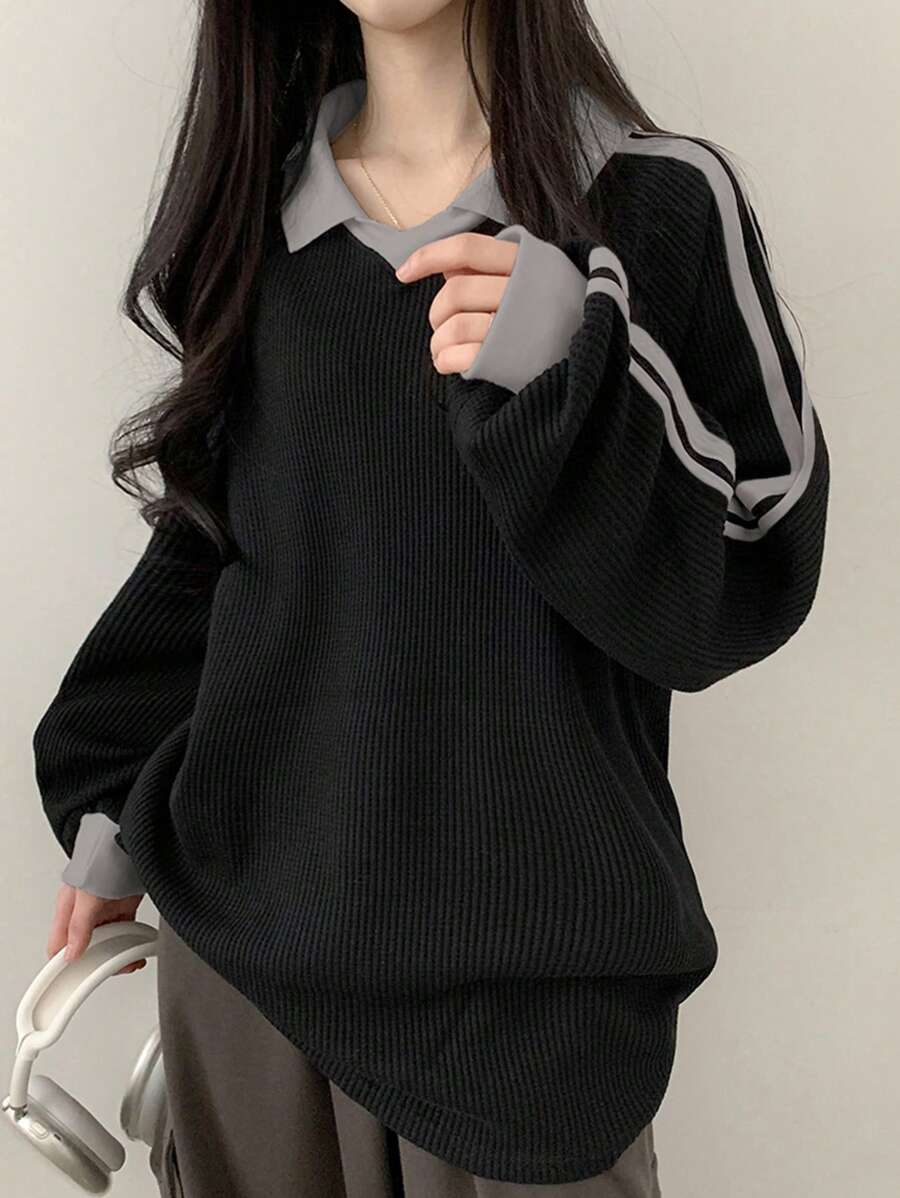 DAZY Women's Contrast Color Block Striped Long Sleeve Casual Letter Print Sweatshirt, Collegiate Style,Long Sleeve Tops,Fall Clothes