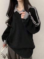 DAZY Women's Contrast Color Block Striped Long Sleeve Casual Letter Print Sweatshirt, Collegiate Style,Long Sleeve Tops,Fall Clothes