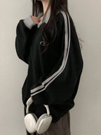 DAZY Women's Contrast Color Block Striped Long Sleeve Casual Letter Print Sweatshirt, Collegiate Style,Long Sleeve Tops,Fall Clothes