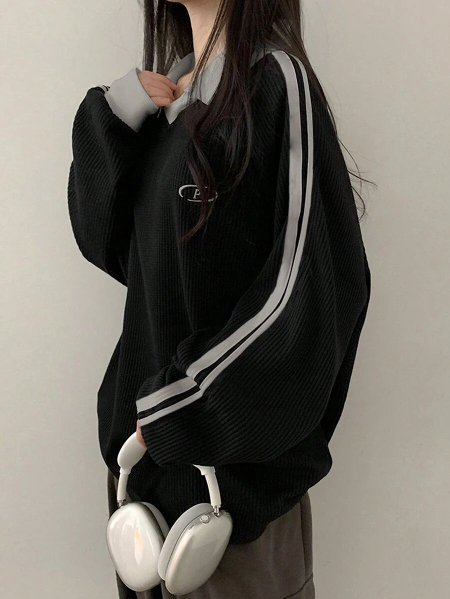 DAZY Women's Contrast Color Block Striped Long Sleeve Casual Letter Print Sweatshirt, Collegiate Style,Long Sleeve Tops,Fall Clothes