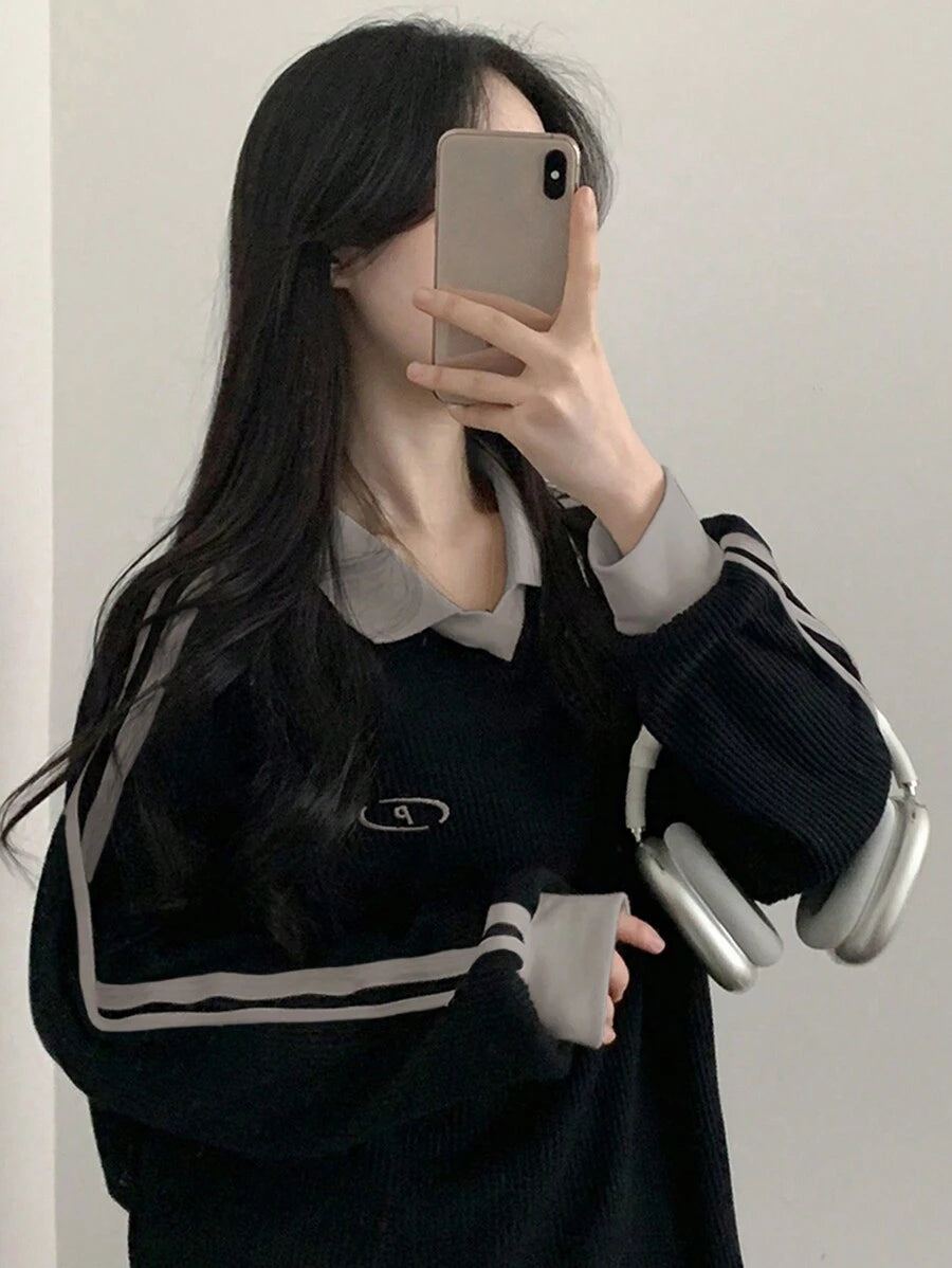DAZY Women's Contrast Color Block Striped Long Sleeve Casual Letter Print Sweatshirt, Collegiate Style,Long Sleeve Tops,Fall Clothes