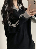 DAZY Women's Contrast Color Block Striped Long Sleeve Casual Letter Print Sweatshirt, Collegiate Style,Long Sleeve Tops,Fall Clothes