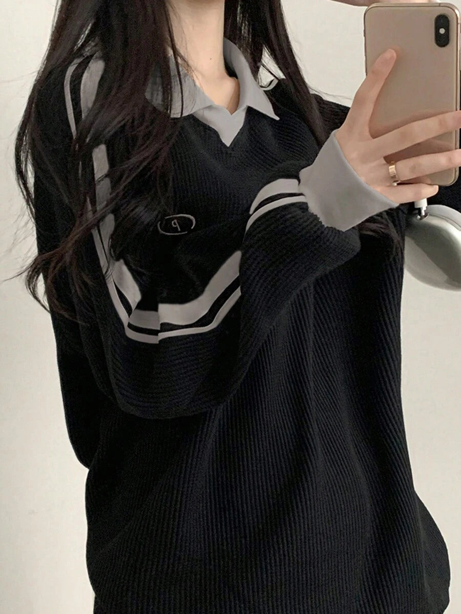 DAZY Women's Contrast Color Block Striped Long Sleeve Casual Letter Print Sweatshirt, Collegiate Style,Long Sleeve Tops,Fall Clothes