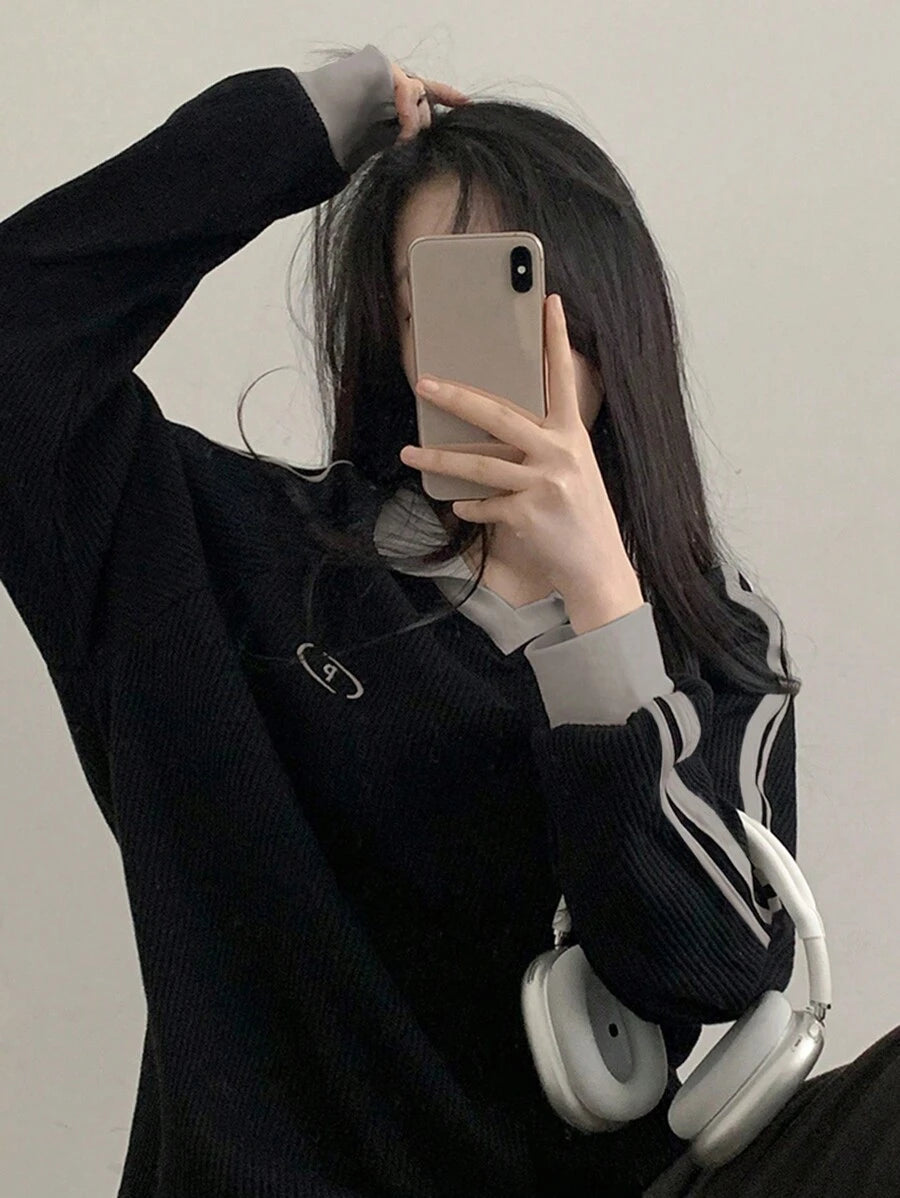 DAZY Women's Contrast Color Block Striped Long Sleeve Casual Letter Print Sweatshirt, Collegiate Style,Long Sleeve Tops,Fall Clothes