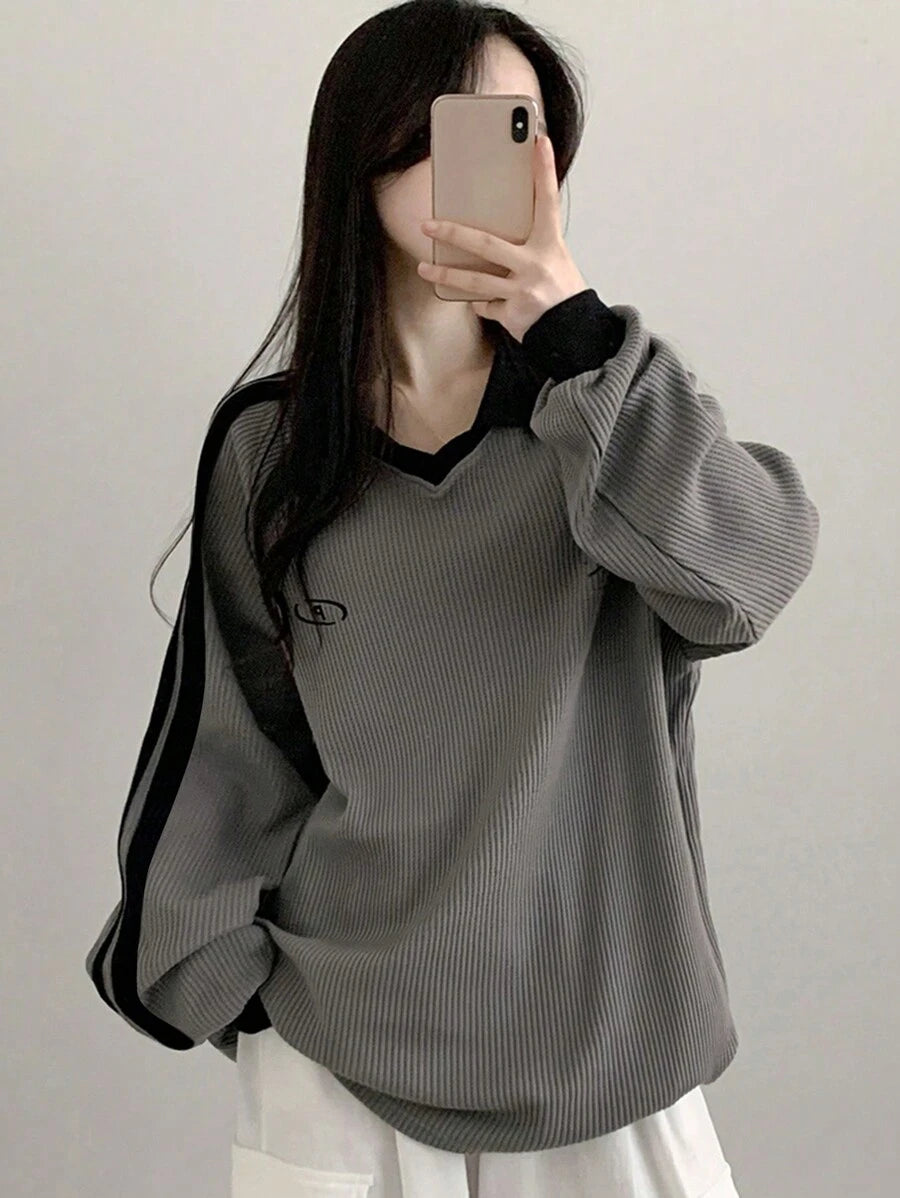 DAZY Women's Contrast Color Block Striped Long Sleeve Casual Letter Print Sweatshirt, Collegiate Style,Long Sleeve Tops,Fall Clothes
