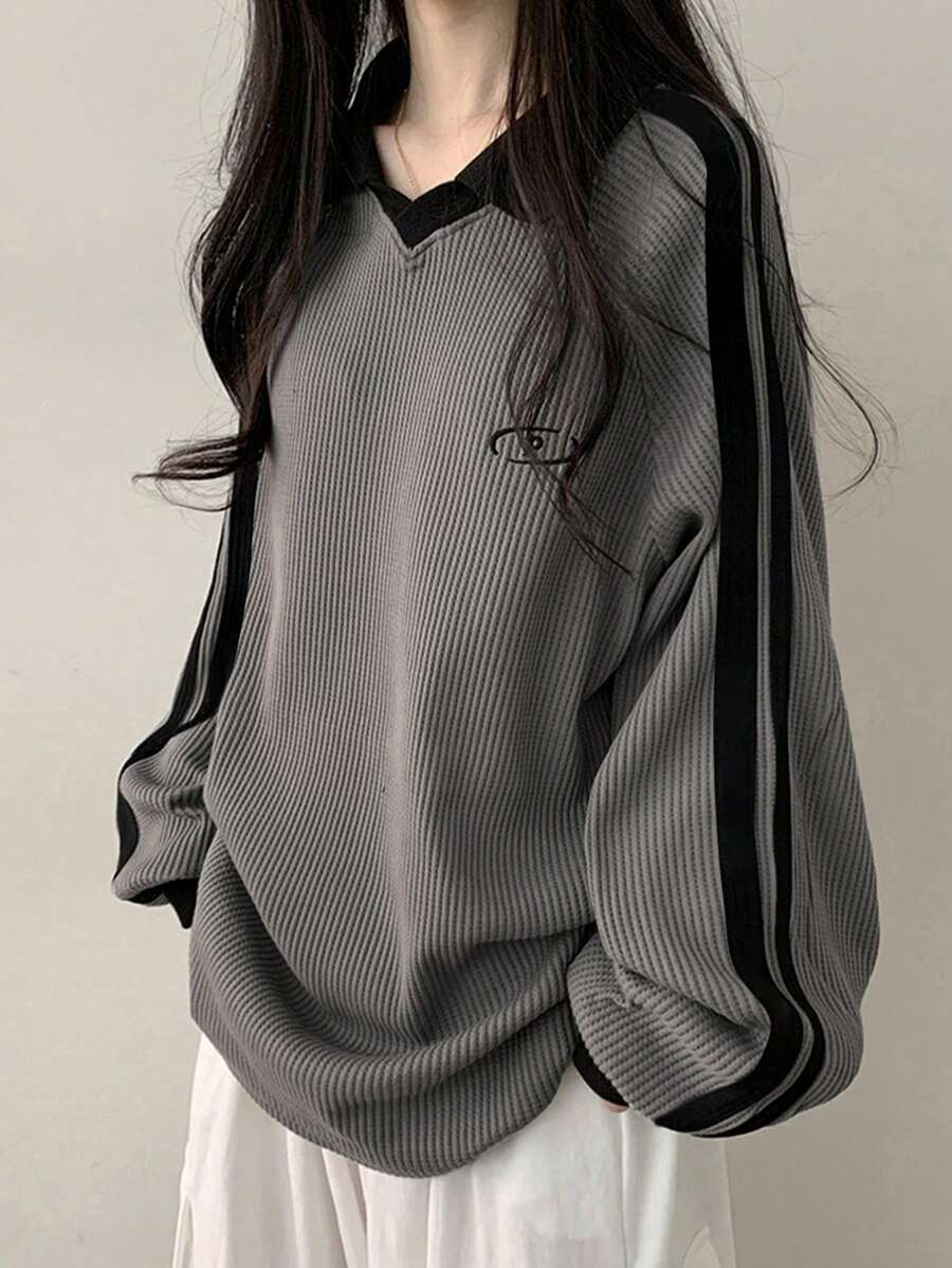 DAZY Women's Contrast Color Block Striped Long Sleeve Casual Letter Print Sweatshirt, Collegiate Style,Long Sleeve Tops,Fall Clothes